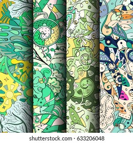 Set of tracery colorful seamless patterns. Curved doodling backgrounds for textile or printing with mehndi and ethnic motives. Vector