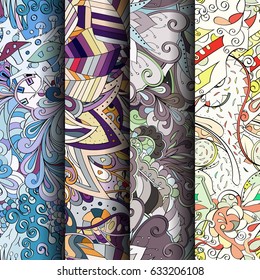 Set of tracery colorful seamless patterns. Curved doodling backgrounds for textile or printing with mehndi and ethnic motives. Vector