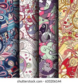 Set of tracery colorful seamless patterns. Curved doodling backgrounds for textile or printing with mehndi and ethnic motives. Vector