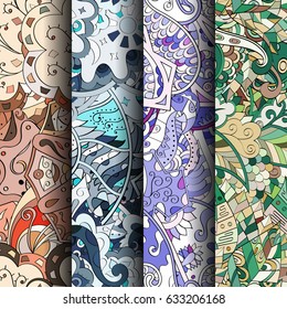 Set of tracery colorful seamless patterns. Curved doodling backgrounds for textile or printing with mehndi and ethnic motives. Vector