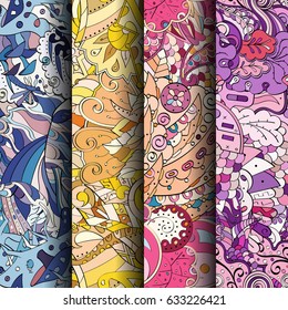 Set of tracery colorful seamless patterns. Curved doodling backgrounds for textile or printing with mehndi and ethnic motives. Vector
