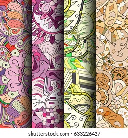 Set of tracery colorful seamless patterns. Curved doodling backgrounds for textile or printing with mehndi and ethnic motives. Vector