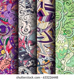 Set of tracery colorful seamless patterns. Curved doodling backgrounds for textile or printing with mehndi and ethnic motives. Vector