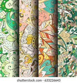 Set of tracery colorful seamless patterns. Curved doodling backgrounds for textile or printing with mehndi and ethnic motives. Vector