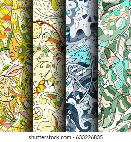 Set of tracery colorful seamless patterns. Curved doodling backgrounds for textile or printing with mehndi and ethnic motives. Vector