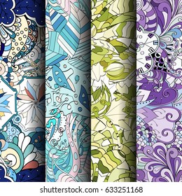 Set of tracery colorful seamless patterns. Curved doodling backgrounds for textile or printing with mehndi and ethnic motives. Vector