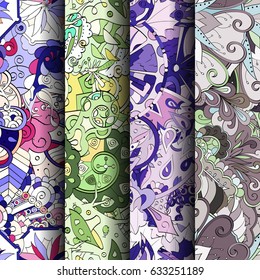 Set of tracery colorful seamless patterns. Curved doodling backgrounds for textile or printing with mehndi and ethnic motives. Vector
