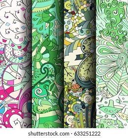 Set of tracery colorful seamless patterns. Curved doodling backgrounds for textile or printing with mehndi and ethnic motives. Vector
