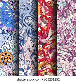 Set of tracery colorful seamless patterns. Curved doodling backgrounds for textile or printing with mehndi and ethnic motives. Vector