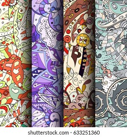 Set of tracery colorful seamless patterns. Curved doodling backgrounds for textile or printing with mehndi and ethnic motives. Vector