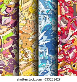 Set of tracery colorful seamless patterns. Curved doodling backgrounds for textile or printing with mehndi and ethnic motives. Vector