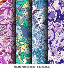 Set of tracery colorful seamless patterns. Curved doodling backgrounds for textile or printing with mehndi and ethnic motives. Vector