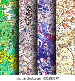 Set of tracery colorful seamless patterns. Curved doodling backgrounds for textile or printing with mehndi and ethnic motives. Vector