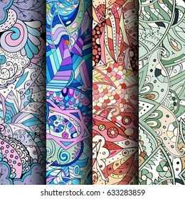 Set of tracery colorful seamless patterns. Curved doodling backgrounds for textile or printing with mehndi and ethnic motives. Vector