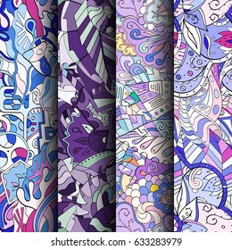 Set of tracery colorful seamless patterns. Curved doodling backgrounds for textile or printing with mehndi and ethnic motives. Vector