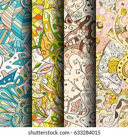 Set of tracery colorful seamless patterns. Curved doodling backgrounds for textile or printing with mehndi and ethnic motives. Vector