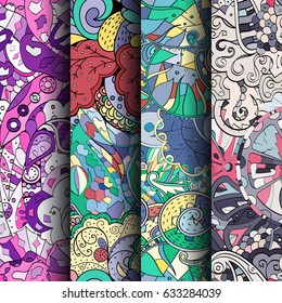 Set of tracery colorful seamless patterns. Curved doodling backgrounds for textile or printing with mehndi and ethnic motives. Vector