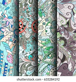 Set of tracery colorful seamless patterns. Curved doodling backgrounds for textile or printing with mehndi and ethnic motives. Vector