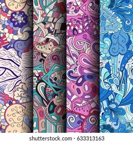 Set of tracery colorful seamless patterns. Curved doodling backgrounds for textile or printing with mehndi and ethnic motives. Vector
