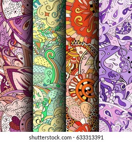 Set of tracery colorful seamless patterns. Curved doodling backgrounds for textile or printing with mehndi and ethnic motives. Vector