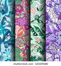 Set of tracery colorful seamless patterns. Curved doodling backgrounds for textile or printing with mehndi and ethnic motives. Vector