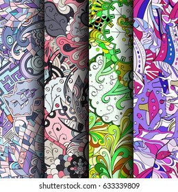 Set of tracery colorful seamless patterns. Curved doodling backgrounds for textile or printing with mehndi and ethnic motives. Vector