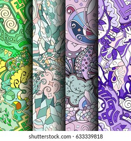 Set of tracery colorful seamless patterns. Curved doodling backgrounds for textile or printing with mehndi and ethnic motives. Vector