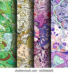 Set of tracery colorful seamless patterns. Curved doodling backgrounds for textile or printing with mehndi and ethnic motives. Vector