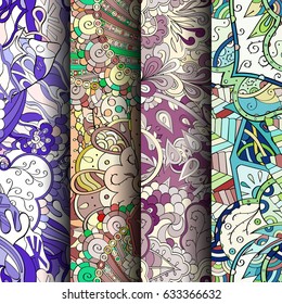Set of tracery colorful seamless patterns. Curved doodling backgrounds for textile or printing with mehndi and ethnic motives. Vector