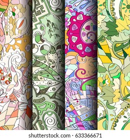 Set of tracery colorful seamless patterns. Curved doodling backgrounds for textile or printing with mehndi and ethnic motives. Vector