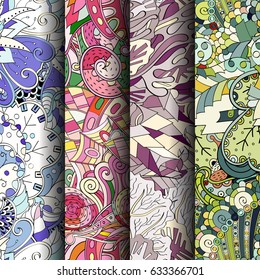 Set of tracery colorful seamless patterns. Curved doodling backgrounds for textile or printing with mehndi and ethnic motives. Vector