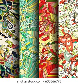 Set of tracery colorful seamless patterns. Curved doodling backgrounds for textile or printing with mehndi and ethnic motives. Vector