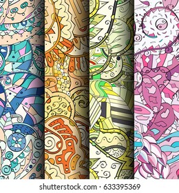 Set of tracery colorful seamless patterns. Curved doodling backgrounds for textile or printing with mehndi and ethnic motives. Vector