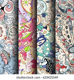 Set of tracery colorful seamless patterns. Curved doodling backgrounds for textile or printing with mehndi and ethnic motives. Vector