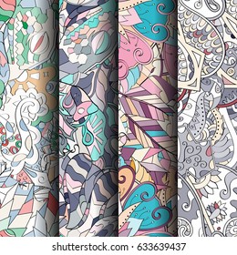 Set of tracery colorful seamless patterns. Curved doodling backgrounds for textile or printing with mehndi and ethnic motives. Vector