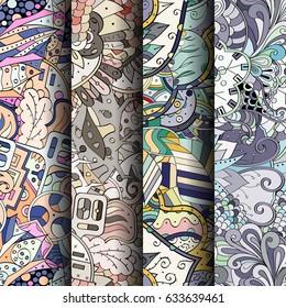 Set of tracery colorful seamless patterns. Curved doodling backgrounds for textile or printing with mehndi and ethnic motives. Vector