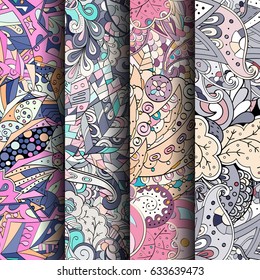 Set of tracery colorful seamless patterns. Curved doodling backgrounds for textile or printing with mehndi and ethnic motives. Vector