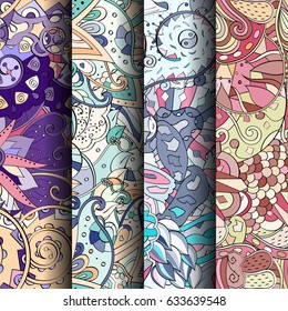 Set of tracery colorful seamless patterns. Curved doodling backgrounds for textile or printing with mehndi and ethnic motives. Vector