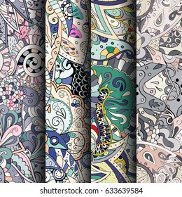 Set of tracery colorful seamless patterns. Curved doodling backgrounds for textile or printing with mehndi and ethnic motives. Vector