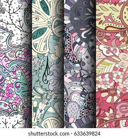 Set of tracery colorful seamless patterns. Curved doodling backgrounds for textile or printing with mehndi and ethnic motives. Vector