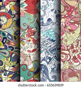 Set of tracery colorful seamless patterns. Curved doodling backgrounds for textile or printing with mehndi and ethnic motives. Vector