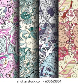 Set of tracery colorful seamless patterns. Curved doodling backgrounds for textile or printing with mehndi and ethnic motives. Vector