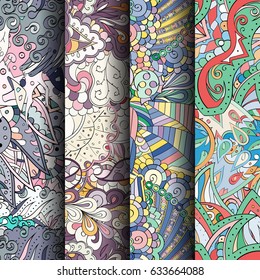 Set of tracery colorful seamless patterns. Curved doodling backgrounds for textile or printing with mehndi and ethnic motives. Vector