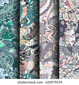 Set of tracery colorful seamless patterns. Curved doodling backgrounds for textile or printing with mehndi and ethnic motives. Vector