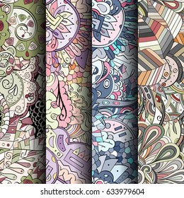 Set of tracery colorful seamless patterns. Curved doodling backgrounds for textile or printing with mehndi and ethnic motives. Vector