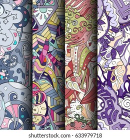 Set of tracery colorful seamless patterns. Curved doodling backgrounds for textile or printing with mehndi and ethnic motives. Vector