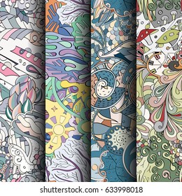 Set of tracery colorful seamless patterns. Curved doodling backgrounds for textile or printing with mehndi and ethnic motives. Vector