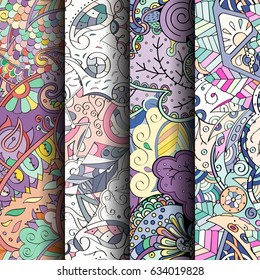 Set of tracery colorful seamless patterns. Curved doodling backgrounds for textile or printing with mehndi and ethnic motives. Vector