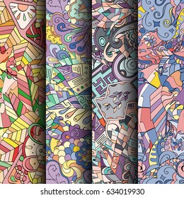 Set of tracery colorful seamless patterns. Curved doodling backgrounds for textile or printing with mehndi and ethnic motives. Vector