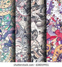 Set of tracery colorful seamless patterns. Curved doodling backgrounds for textile or printing with mehndi and ethnic motives. Vector